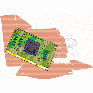 Clipart image of a microchip with abstract shapes in the background.