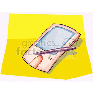 Clipart image of a stylized handheld PDA device with a touch screen and stylus on a yellow background.