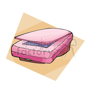 A pink flatbed scanner clipart image on a beige background.