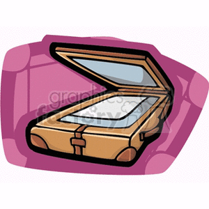 This whimsical illustration of an open computer scanner, in the style of a suitcase with a brown exterior and a light blue interior, is placed on a purple background.