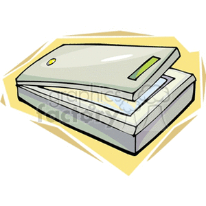 A colorful clipart illustration of a flatbed scanner with its lid open.