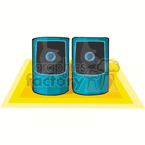 Clipart of two teal speakers on a yellow surface.