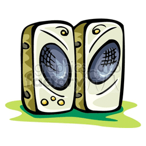 A clipart image of two cartoon-style speakers with large woofers and buttons at the bottom, placed on a green surface.