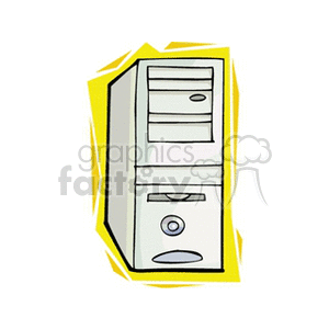 Clipart image of a computer tower with a yellow background.