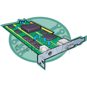 Clipart image of a computer graphics card with a green circuit board and electronic components against a circular background.