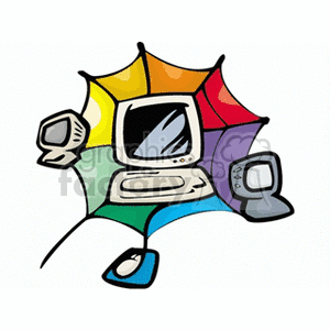 Colorful retro computer clipart with monitors and a mouse set against a vibrant, abstract background.