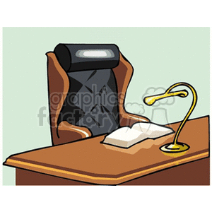 Clipart image of an office setting with a leather chair, desk, open book, and desk lamp.