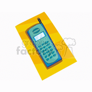 A retro-style cell phone clipart featuring a teal mobile phone with an antenna and keypad, set against a yellow striped background.