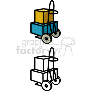 Clipart image of a hand truck with boxes, one colored and one black and white.