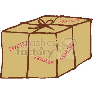 The clipart image shows a single cardboard box with the word FRAGILE labeled on its sides in multiple places. The box appears to be sealed and tied with a cord or twine, suggesting that it is ready for shipment or delivery. The labeling indicates that the contents of the box are likely breakable or delicate, and the box should be handled with care. This type of box is often used in businesses for shipping supplies or products that need to be protected from damage during transport.