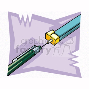 Clipart image of a pen and a technical drawing compass set against a jagged purple background.