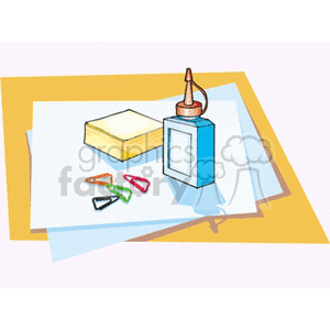 Illustration of office supplies including paper, a bottle of glue, paper clips, and a notepad.