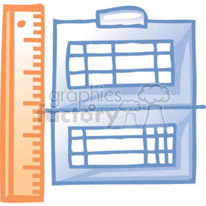   The clipart image depicts a set of business office supplies associated with work tasks. There is a ruler on the left side, indicating measurement tasks, and what appears to be a clipboard with two schedule charts or document outlines, which suggests organization, planning, and paperwork management. It