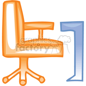 The clipart image features a stylized illustration of an office chair next to the number 1. The chair is designed with a simplified look, using orange and yellow colors for the seat and backrest, and a light brown color for the base and casters. The number 1 is depicted in blue, with a three-dimensional effect. The image overall seems to symbolize ranking or priority in a business or office setting, possibly indicating a top choice or number one selection in terms of office furniture or supplies.