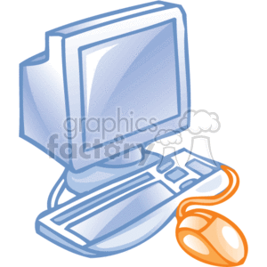 The clipart image depicts a computer setup, which includes a CRT monitor, a keyboard, and a computer mouse. These items are typical office supplies found in a business or work environment. The image is stylized and simplified, characteristic of clipart designs.