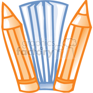 The clipart image shows two pencils on either side of what appears to be a stack of documents or papers. The pencils are depicted with their points facing upwards, and the papers are represented with lines indicating stacked sheets. This image might be representative of an office, school, or homework setting, suggesting activities involving writing, drawing, or paperwork.