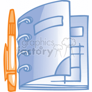 The clipart image features office or business supplies commonly used for work. There is a pen on the left side of the image. To the right, we see a notebook or organizer with a spiral binding and what appears to be tabbed dividers extending from its side, which could help organize different sections for notes, schedules, or homework. These items are typical for an office, school, or home study setup.