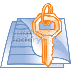 The clipart image depicts a key placed on top of a stack of file folders. These items are often associated with a business or office environment, where files and folders are used to organize documents and keys might be used to secure important information. The image represents concepts like security, access, confidentiality, and organization in the context of business office supplies and work.