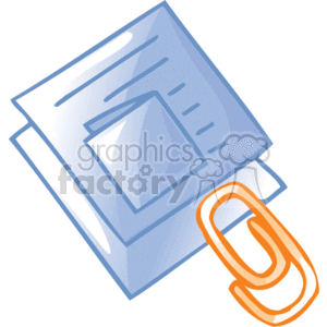 The clipart image shows a stack of documents or papers neatly placed on top of each other, with one of the sheets displaying what seems to be a chart or graph. Beside the stack, there is a large, orange paper clip. The image portrays common items found in an office setting and could be associated with organization, paperwork, or office supplies.
