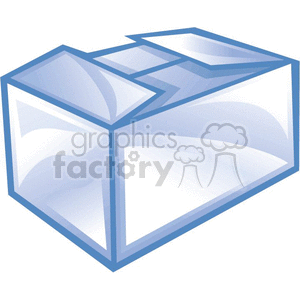 The image is a clipart illustration of an open cardboard box, which appears to be empty and has a blue hue indicating that it is likely a stylized representation rather than a realistic coloring. The box is presented in a three-dimensional perspective with some transparency, making it look lightweight and easy to move or manipulate.