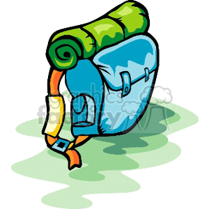 A clipart image of a blue backpack with a green rolled-up sleeping bag attached to the top, casting a shadow on the ground.