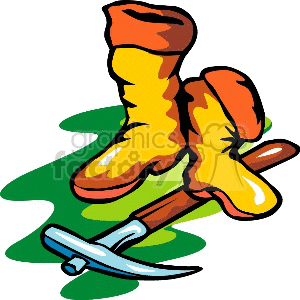 Clipart image featuring a pair of yellow boots and a silver ice axe, depicting equipment typically used for outdoor activities.