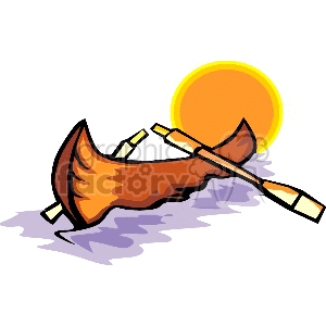 Wooden Canoe with Oars and Sun