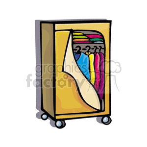 Clipart image of a portable wardrobe on wheels with various colored clothes hanging inside and partially covered by a curtain.