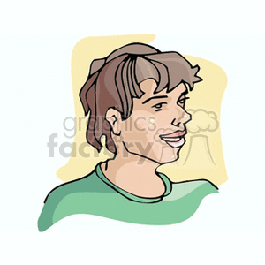 Clipart image of a smiling person with brown hair in a green shirt, with a background of yellow and light blue.
