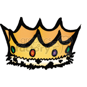The clipart image depicts a stylized golden crown with a jagged top edge, featuring multiple colored jewels embedded along its band. The crown appears to have a fur or ermine trim along its base, which is a common element of regal crowns to signify royalty.