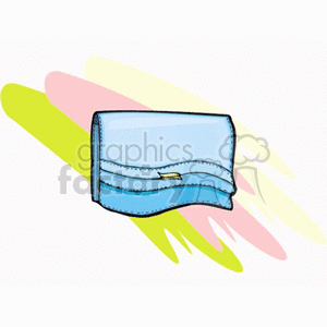 A clipart image of a blue wallet with a decorative background consisting of abstract pastel shapes.