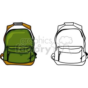 This clipart image features two backpacks. The one on the left is a green backpack with brown straps and a gray handle, rendered in full color. The one on the right is an outline or black-and-white version of the same backpack.