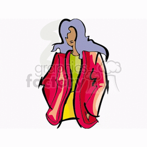 A stylish clipart image featuring a woman with long hair wearing a bright red jacket over a yellow dress.