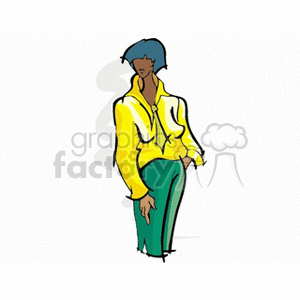 A stylized clipart illustration of a person wearing a bright yellow jacket and green pants. The figure has blue hair and a casual, relaxed pose with their hands in their pockets.