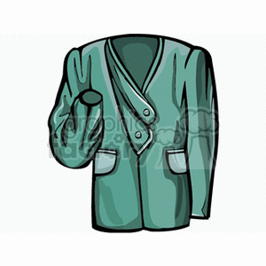 Clipart image of a green coat with buttons and pockets.