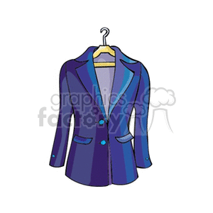 A colorful clipart image of a blue jacket hanging on a hanger.