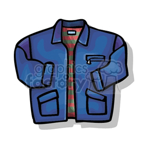 Clipart image of a blue jacket with pockets and a red plaid lining.
