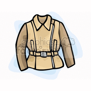 A clipart image of a beige and brown jacket with a belt and zipper.