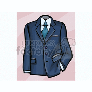 A clipart image of a navy blue suit with a teal necktie and a white dress shirt against a pink striped background.