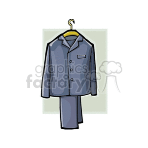 Clipart image of a gray suit with a jacket and pants hanging on a hanger.