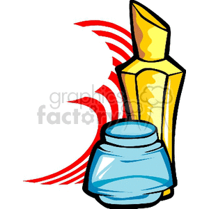 Clipart image of cosmetic products, featuring a blue jar and a yellow bottle with a red decorative element in the background.