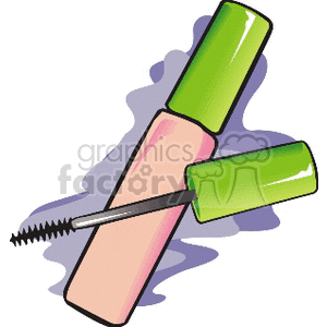 Clipart image of an open mascara tube with a brush applicator. The mascara tube has a pink base and a green cap.