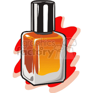 A clipart image of a nail polish bottle with orange nail polish against a red background.