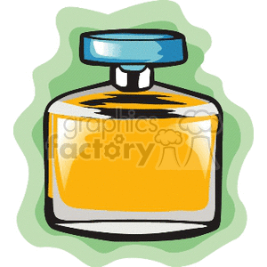 A clipart image of a perfume bottle filled with orange liquid against a green background.