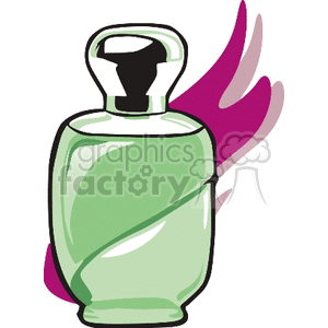 Clipart image of a green perfume bottle with a purple abstract floral design in the background.