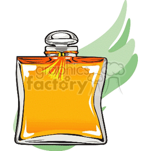 Clipart image of a perfume bottle in the shape of a square with rounded edges, colored in bright orange with a tassel, and a green leaf-like design in the background.