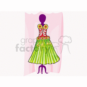 A colorful clipart image featuring a dress mannequin adorned with a bright, tropical hula dress. The dress has a striped pink and white top with yellow and pink floral decorations, and a green grass skirt with additional floral details.