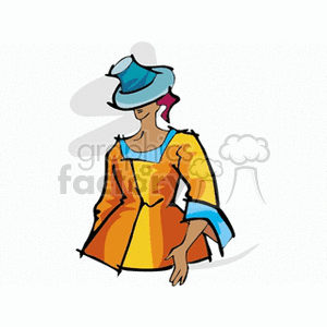 Colorful clipart illustration of a woman wearing a bright orange and yellow dress with blue accents, and a matching blue hat.