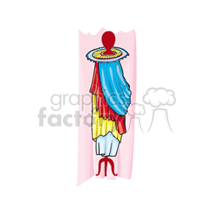 An artistic clipart image of a dress mannequin draped with colorful fabrics in blue, yellow, and red, against a pink background.