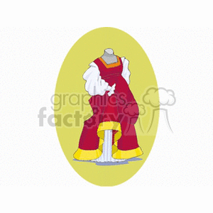 Clipart of a historic period dress displayed on a mannequin, showcasing a red gown with yellow accents and a white blouse, set against an olive green oval background.